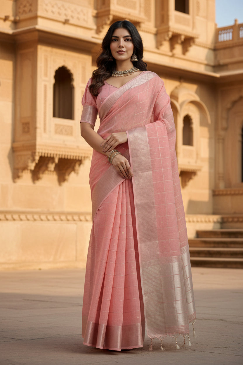 Women's Tissue Checks_With_Buttis Saree With Unstitched Blouse 5.5Mtr (Peach)