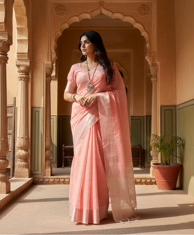 Women's Tissue Checks_With_Buttis Saree With Unstitched Blouse 5.5Mtr (Peach)