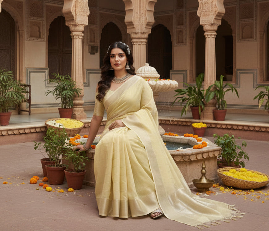 Women's Tissue Checks_With_Buttis Saree With Unstitched Blouse 5.5Mtr (Yellow)