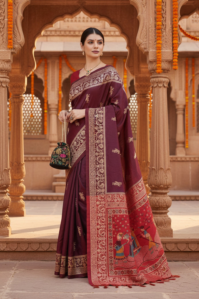 Women's Raw_Silk Woven_Motif Saree With Unstitched Blouse 5.5Mtr (Maroon)