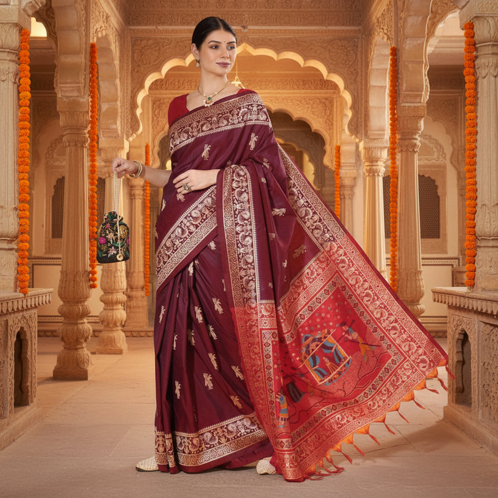 Women's Raw_Silk Woven_Motif Saree With Unstitched Blouse 5.5Mtr (Maroon)