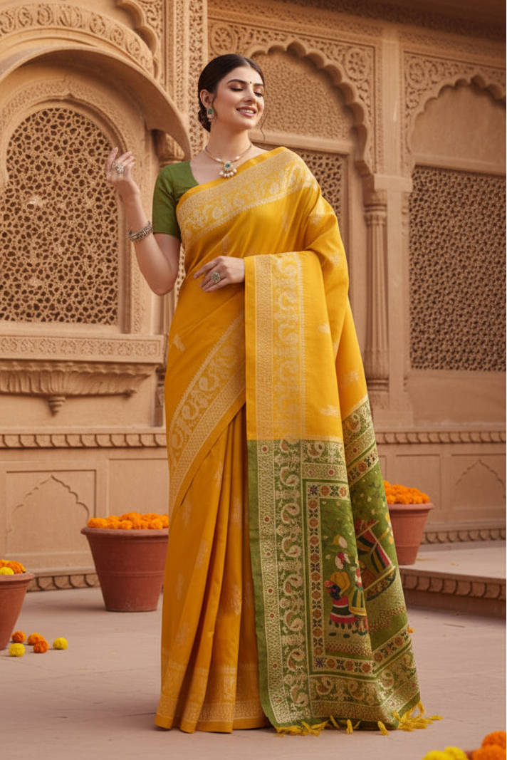 Women's Raw_Silk Woven_Motif Saree With Unstitched Blouse 5.5Mtr (Yellow)