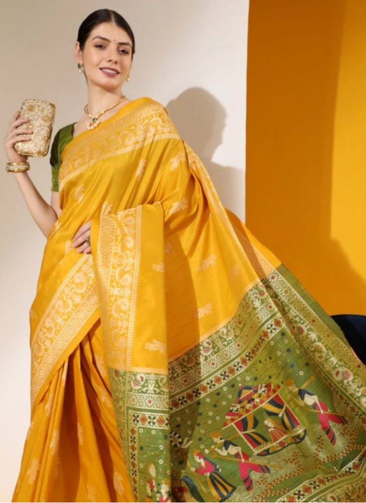 Women's Raw_Silk Woven_Motif Saree With Unstitched Blouse 5.5Mtr (Yellow)
