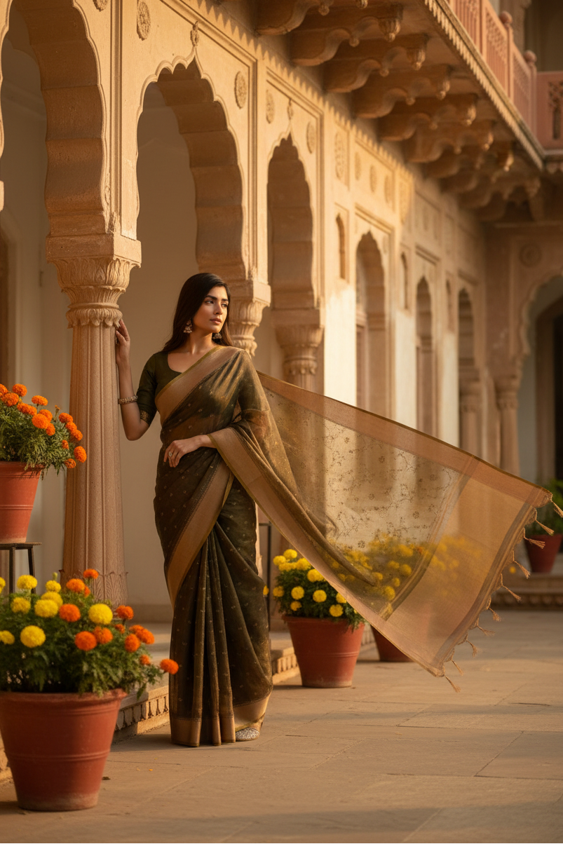 Women's Silk_Blend Butti Pattern Saree With Unstitched Blouse 5.5Mtr (Coffee)