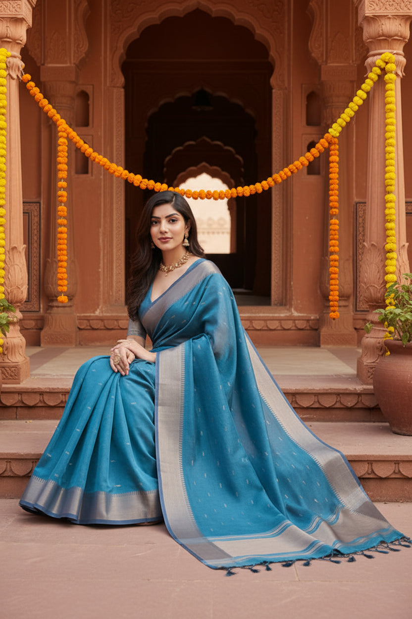 Pid 65655 generic women s silk blend butti pattern saree with unstitched blouse 5 5 mtr teal 1 1000x1000_ab17e091 d6af 42f2 ac14 7952b9806d55