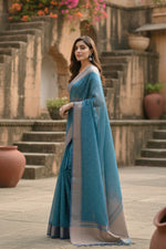 Load image into Gallery viewer, Women's Silk_Blend Butti Pattern Saree With Unstitched Blouse 5.5Mtr (Teal)
