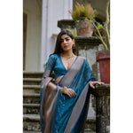Load image into Gallery viewer, Women's Silk_Blend Butti Pattern Saree With Unstitched Blouse 5.5Mtr (Teal)
