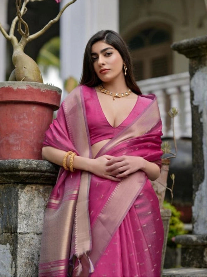 Women's Silk_Blend Butti Pattern Saree With Unstitched Blouse 5.5Mtr (Pink)