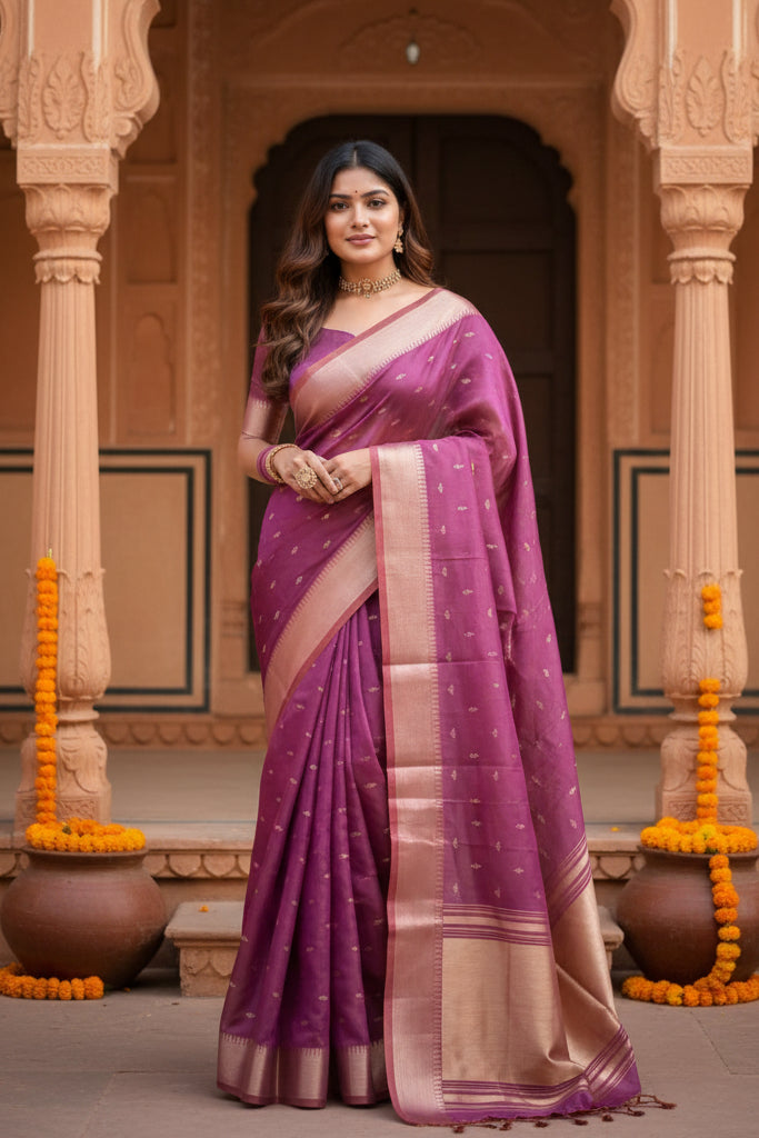 Women's Silk_Blend Butti Pattern Saree With Unstitched Blouse 5.5Mtr (Purple)