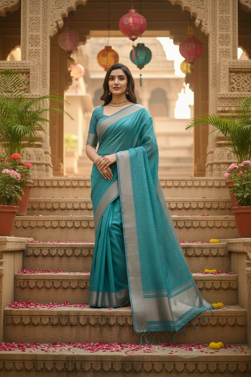 Pid 65659 generic women s silk blend butti pattern saree with unstitched blouse 5 5 mtr teal 2 1000x1000