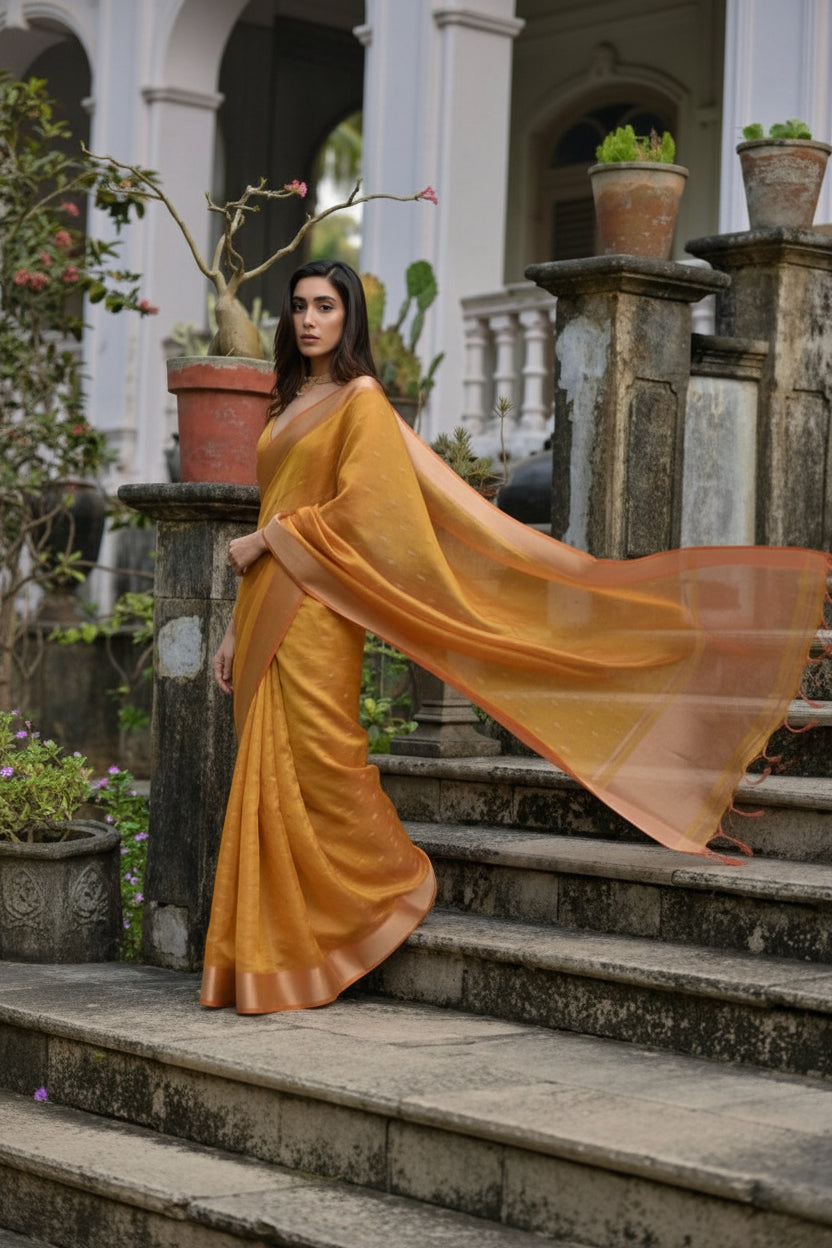 Women's Silk_Blend Butti Pattern Saree With Unstitched Blouse 5.5Mtr (Mustard)