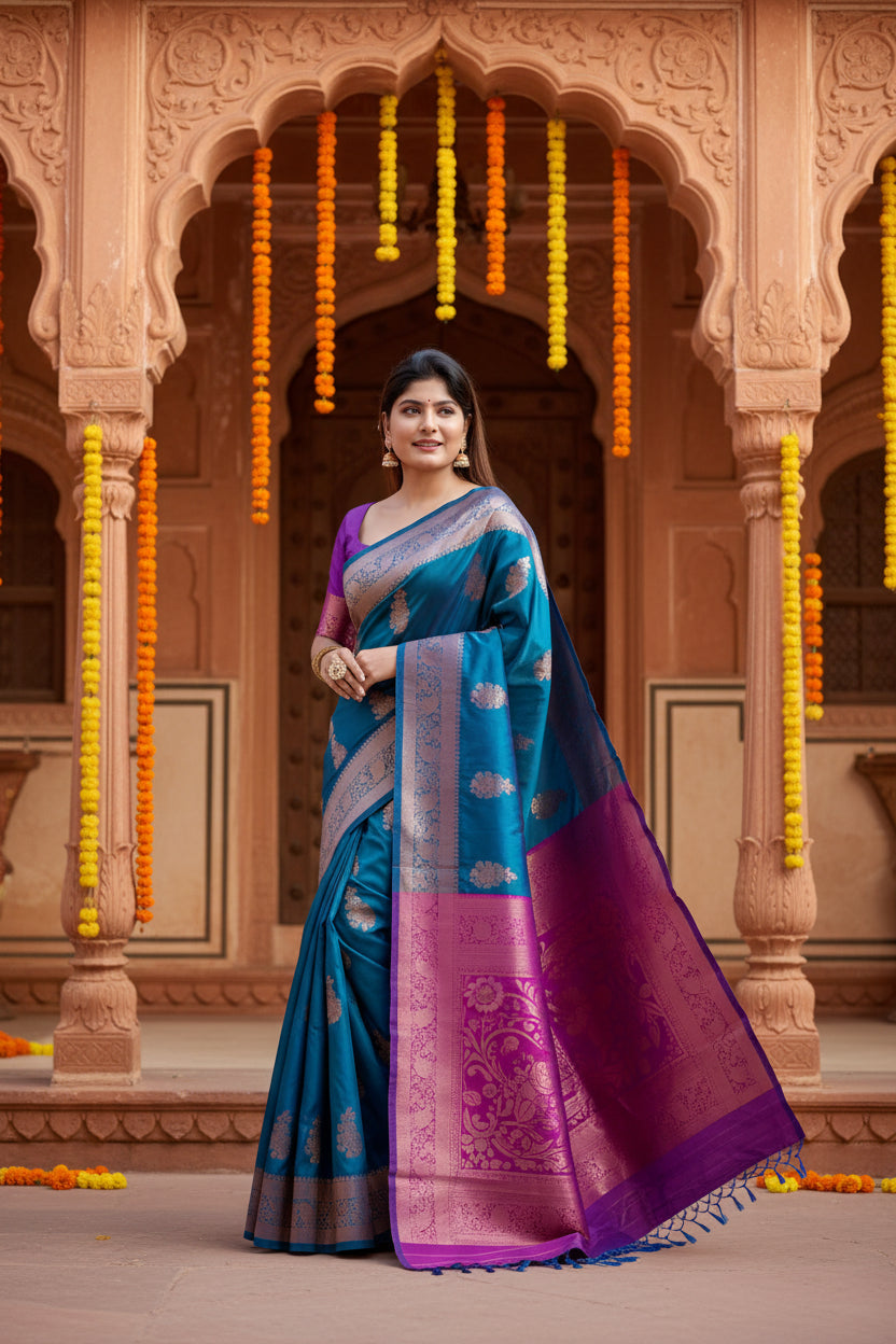 Women's Katan_Silk Zari_Weaving Saree With Unstitched Blouse 5.5Mtr (Blue)