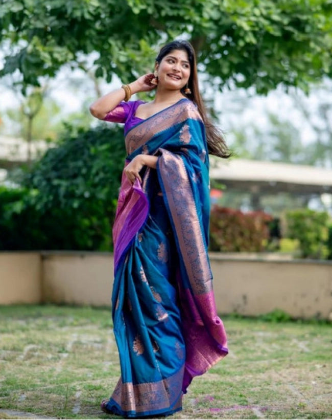 Women's Katan_Silk Zari_Weaving Saree With Unstitched Blouse 5.5Mtr (Blue)