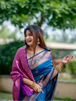 Load image into Gallery viewer, Women's Katan_Silk Zari_Weaving Saree With Unstitched Blouse 5.5Mtr (Blue)
