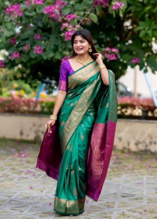 Women's Katan_Silk Zari_Weaving Saree With Unstitched Blouse 5.5Mtr (Dark_Green)