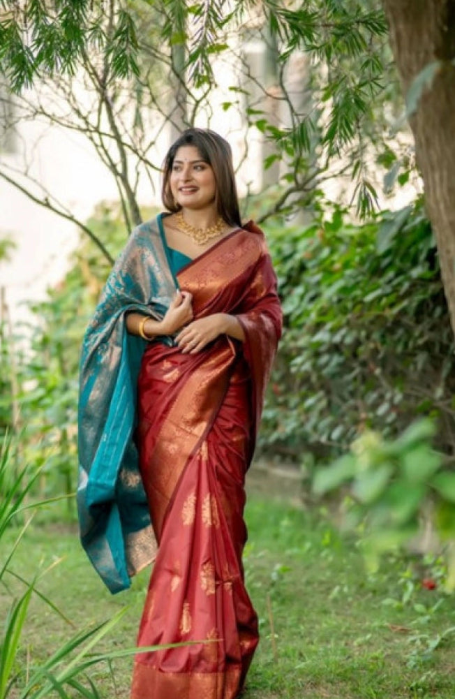 Women's Katan_Silk Zari_Weaving Saree With Unstitched Blouse 5.5Mtr (Maroon)