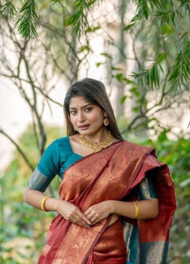 Women's Katan_Silk Zari_Weaving Saree With Unstitched Blouse 5.5Mtr (Maroon)