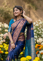 Load image into Gallery viewer, Women's Katan_Silk Zari_Weaving Saree With Unstitched Blouse 5.5Mtr (Navy_Blue)
