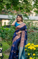 Load image into Gallery viewer, Women's Katan_Silk Zari_Weaving Saree With Unstitched Blouse 5.5Mtr (Navy_Blue)

