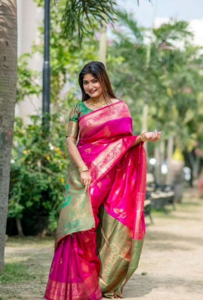 Women's Katan_Silk Zari_Weaving Saree With Unstitched Blouse 5.5Mtr (Pink)