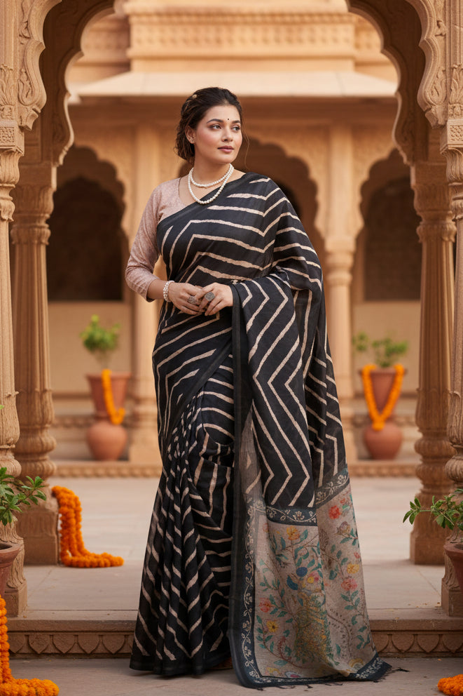 Women's Faux_Tussar_Silk Geometric_Print Saree With Unstitched Blouse 5.5Mtr (Black)