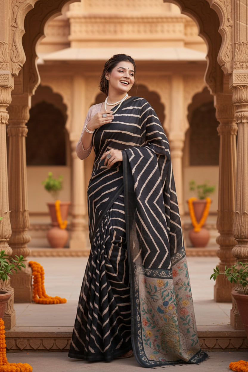 Women's faux_tussar_silk geometric_print saree with unstitched blouse 5