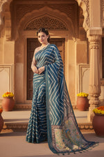 Load image into Gallery viewer, Women's Faux_Tussar_Silk Geometric_Print Saree With Unstitched Blouse 5.5Mtr (Blue)
