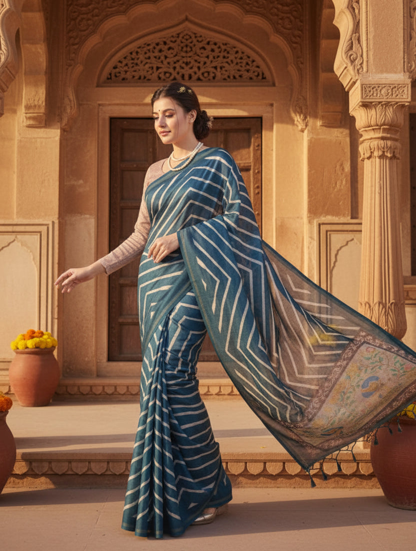 Women's Faux_Tussar_Silk Geometric_Print Saree With Unstitched Blouse 5.5Mtr (Blue)