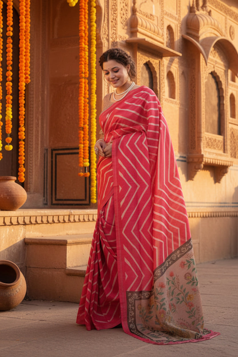 Women's Faux_Tussar_Silk Geometric_Print Saree With Unstitched Blouse 5.5Mtr (Pink)