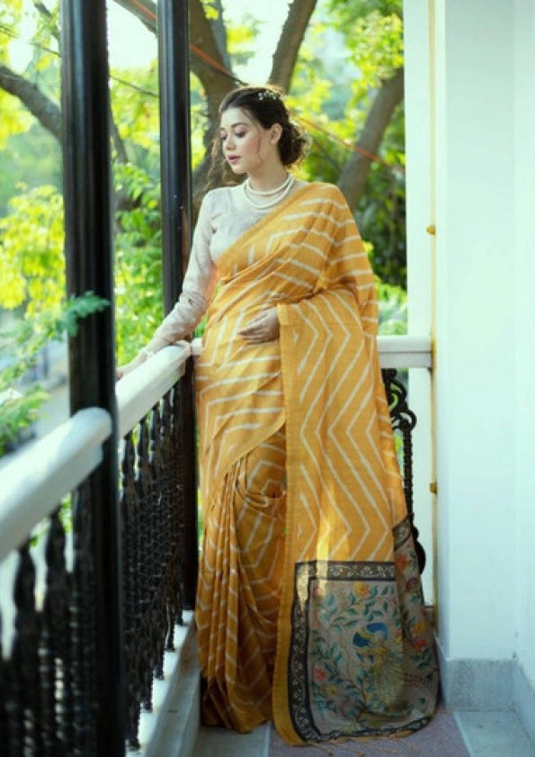 Women's Faux_Tussar_Silk Geometric_Print Saree With Unstitched Blouse 5.5Mtr (Mustard)