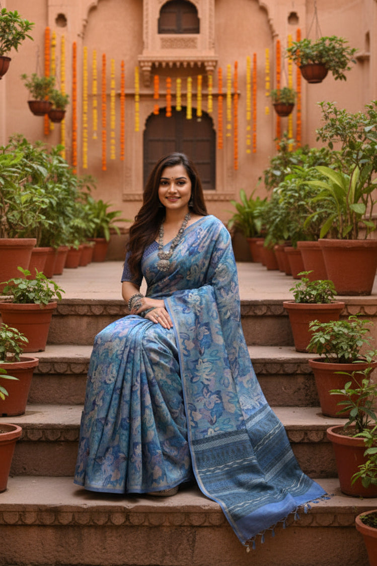Women's Faux_Tussar_Silk Abstract_Print Saree With Unstitched Blouse 5.5Mtr (Blue)