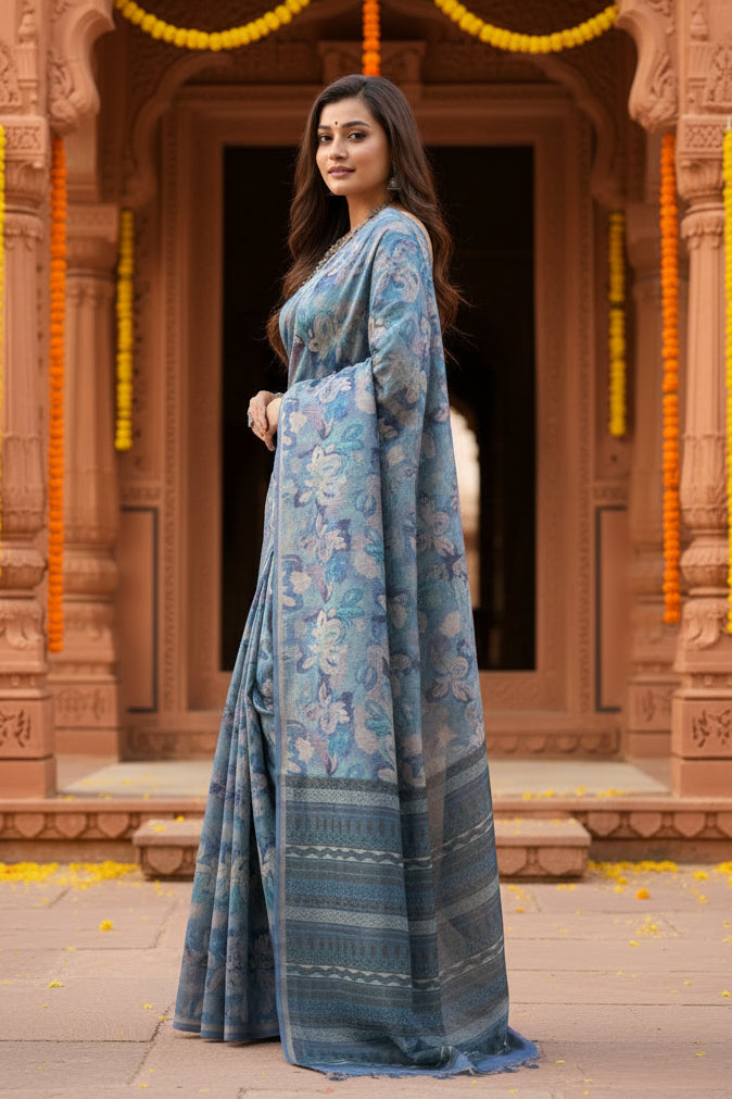 Women's Faux_Tussar_Silk Abstract_Print Saree With Unstitched Blouse 5.5Mtr (Blue)