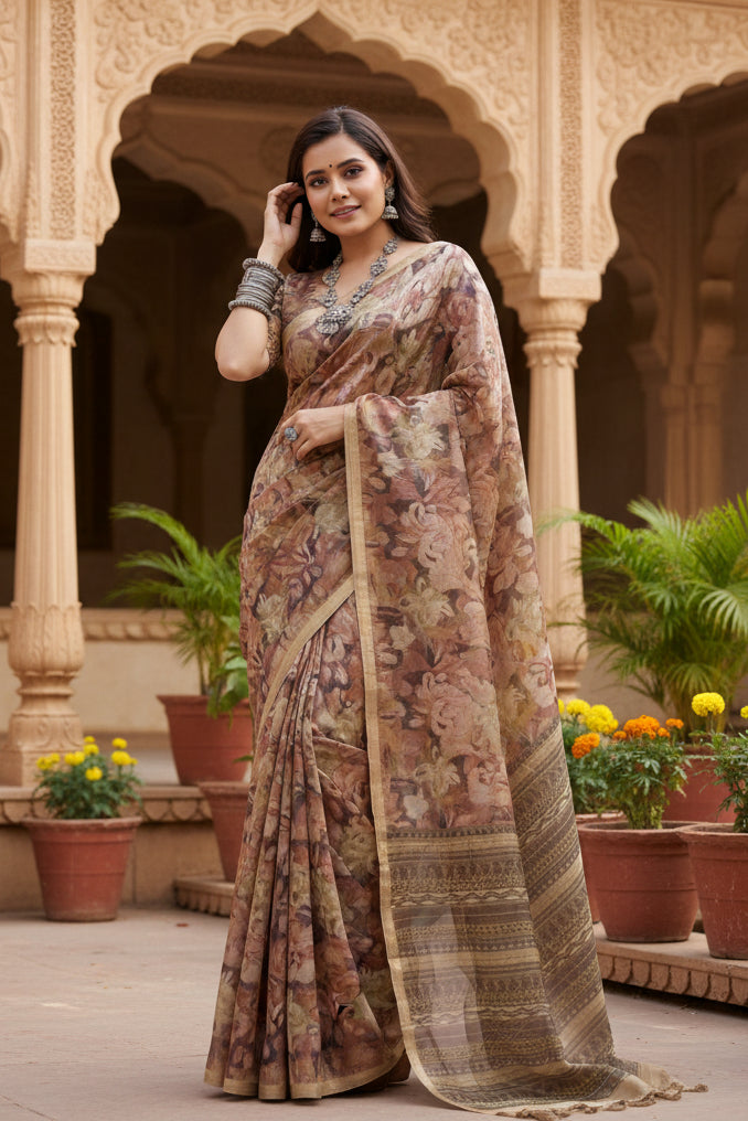 Women's Faux_Tussar_Silk Abstract_Print Saree With Unstitched Blouse 5.5Mtr (Brown)