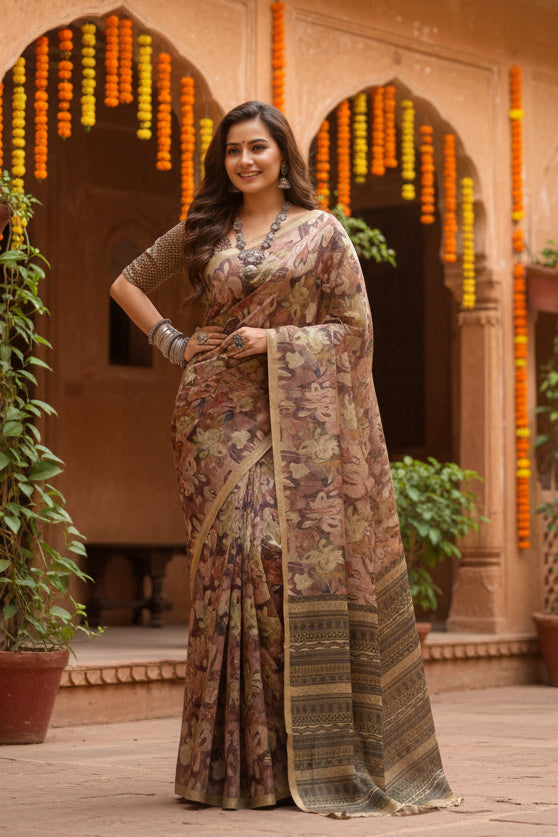 Women's Faux_Tussar_Silk Abstract_Print Saree With Unstitched Blouse 5.5Mtr (Brown)
