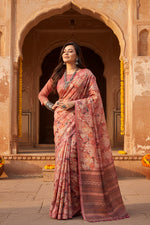 Load image into Gallery viewer, Women's Faux_Tussar_Silk Abstract_Print Saree With Unstitched Blouse 5.5Mtr (Peach)
