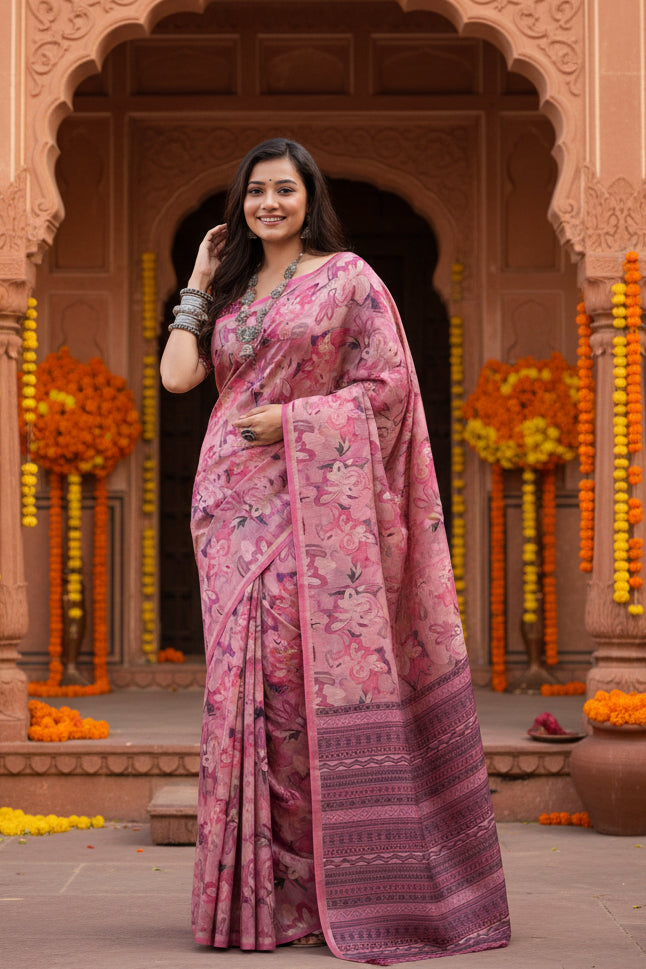 Women's Faux_Tussar_Silk Abstract_Print Saree With Unstitched Blouse 5.5Mtr (Pink)