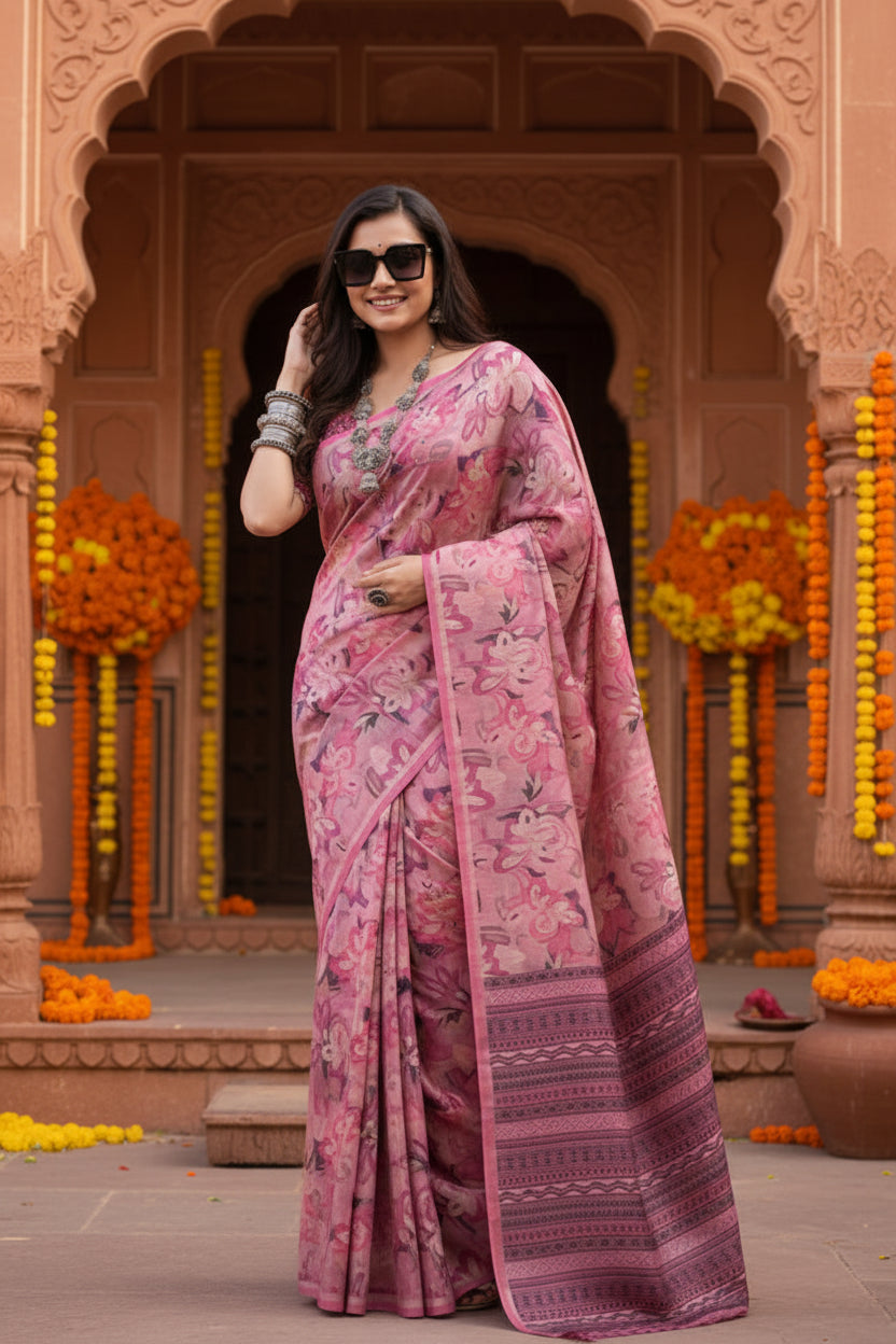 Women's Faux_Tussar_Silk Abstract_Print Saree With Unstitched Blouse 5.5Mtr (Pink)