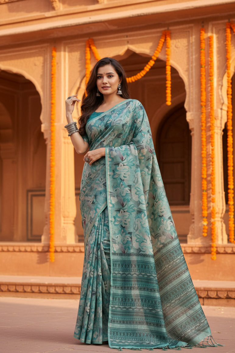 Women's Faux_Tussar_Silk Abstract_Print Saree With Unstitched Blouse 5.5Mtr (Sea_Green)