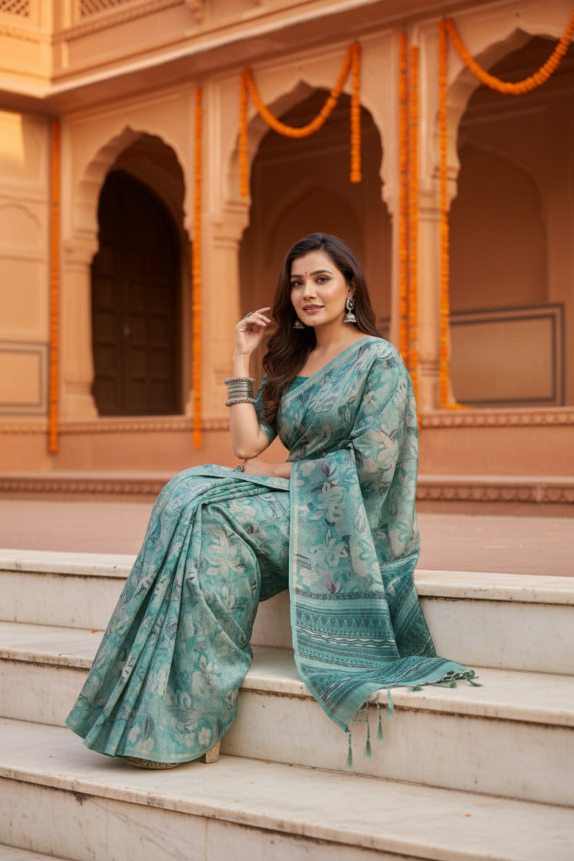 Women's Faux_Tussar_Silk Abstract_Print Saree With Unstitched Blouse 5.5Mtr (Sea_Green)