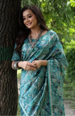 Load image into Gallery viewer, Women's Faux_Tussar_Silk Abstract_Print Saree With Unstitched Blouse 5.5Mtr (Sea_Green)
