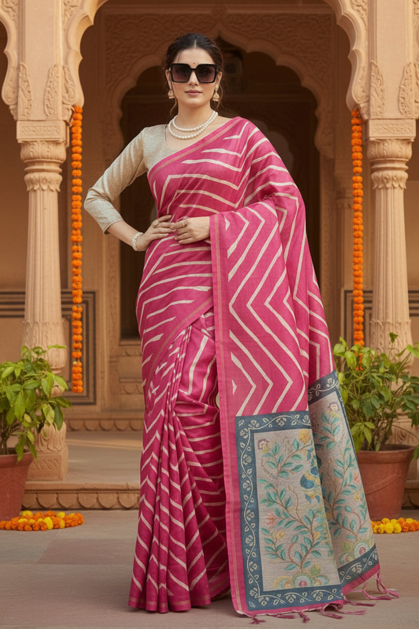 Women's Faux_Tussar_Silk Geometric_Print Saree With Unstitched Blouse 5.5Mtr (Light_Pink)