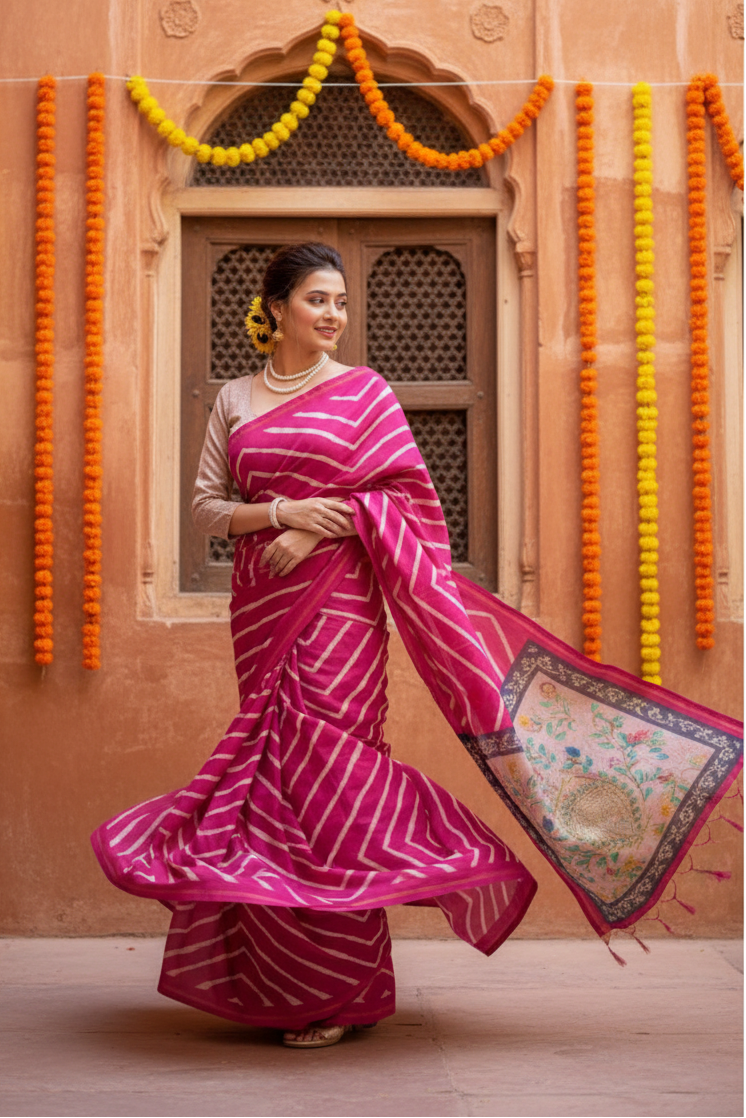 Women's faux_tussar_silk geometric_print saree with unstitched blouse 5