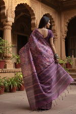 Load image into Gallery viewer, Women's Faux_Tussar_Silk Abstract_Print Saree With Unstitched Blouse 5.5Mtr (Purple)
