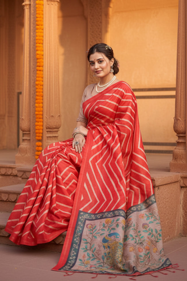 Women's Faux_Tussar_Silk Geometric_Print Saree With Unstitched Blouse 5.5Mtr (Red)