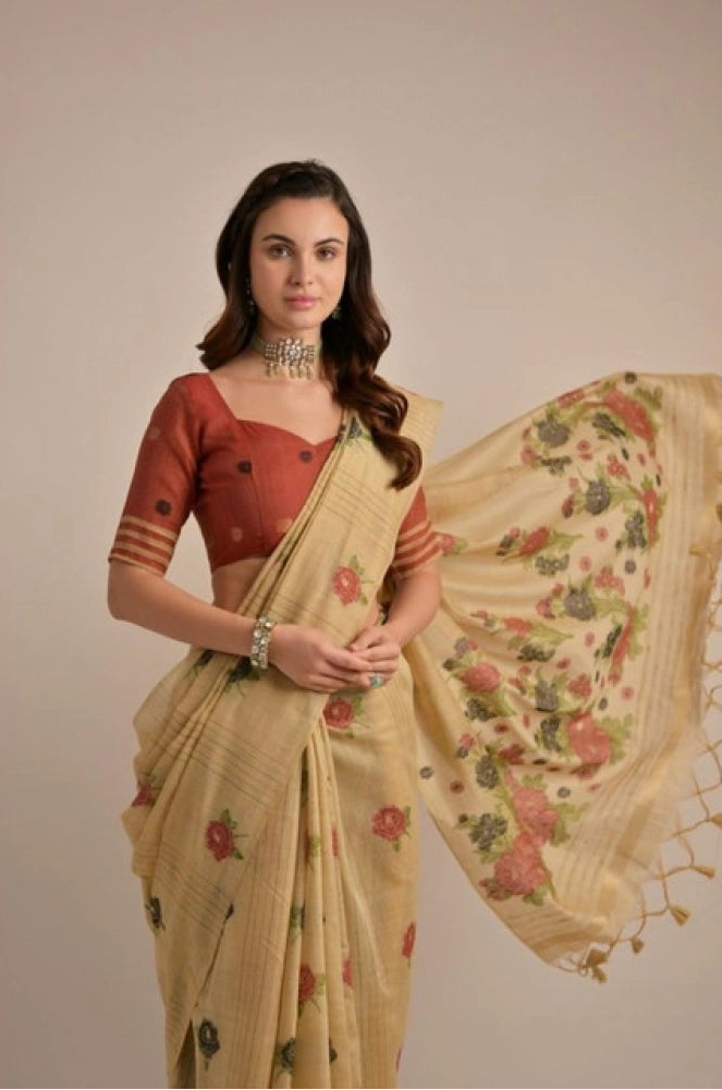 Women's Blended_Cotton Floral Motifs And Woven Buttas Saree With Unstitched Blouse 5.5Mtr (Light_Beige)