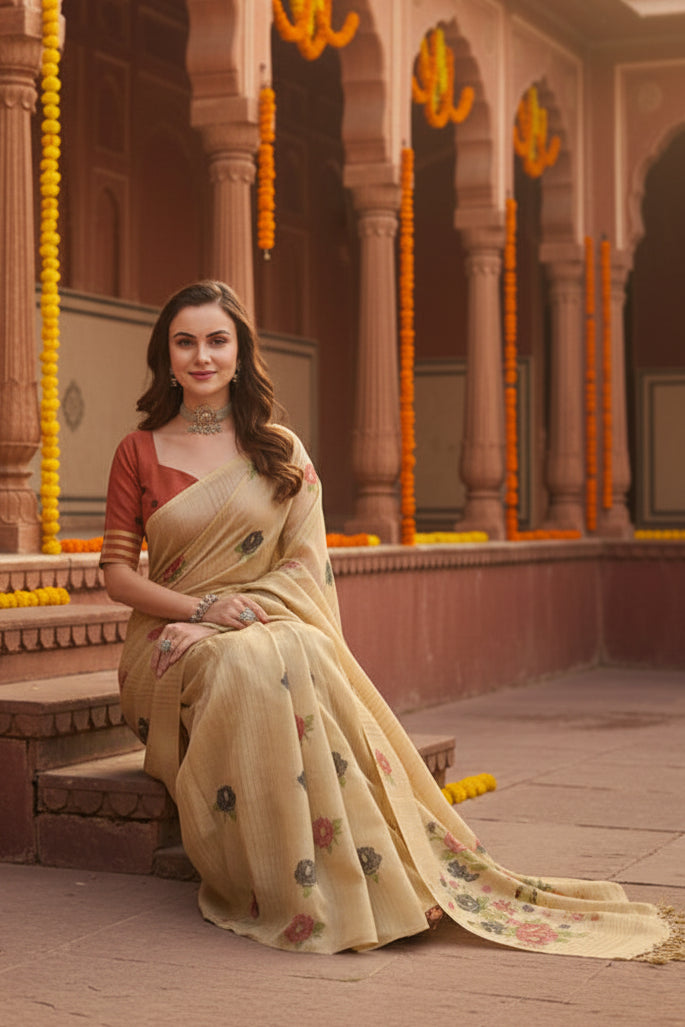 Women's blended_cotton floral motifs and woven buttas saree with unstitched blouse 5