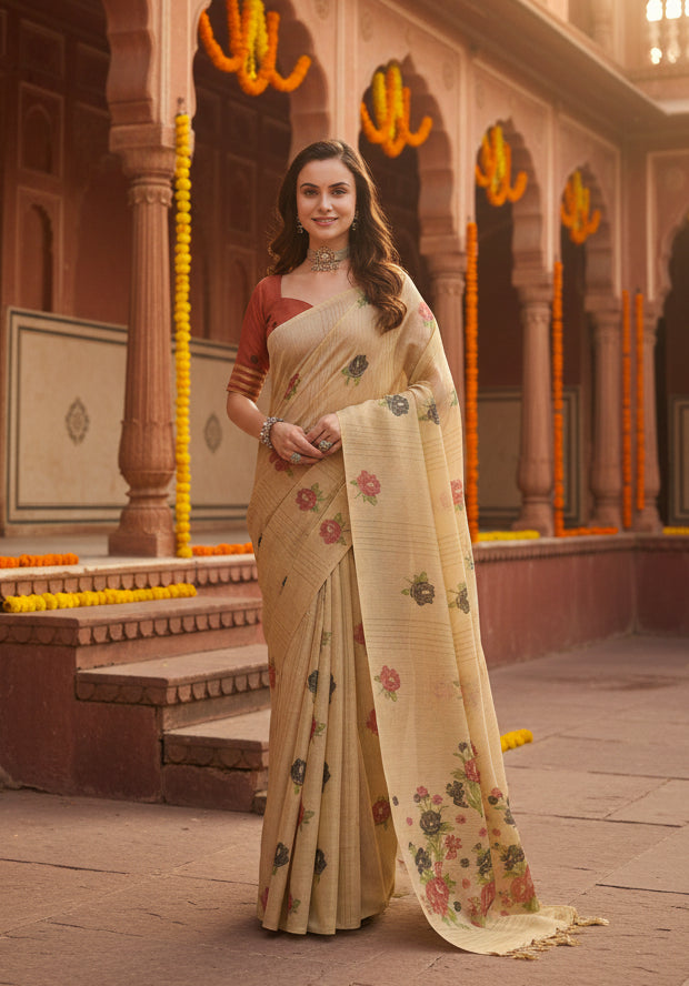 Women's Blended_Cotton Floral Motifs And Woven Buttas Saree With Unstitched Blouse 5.5Mtr (Light_Beige)