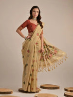 Load image into Gallery viewer, Women's Blended_Cotton Floral Motifs And Woven Buttas Saree With Unstitched Blouse 5.5Mtr (Light_Beige)
