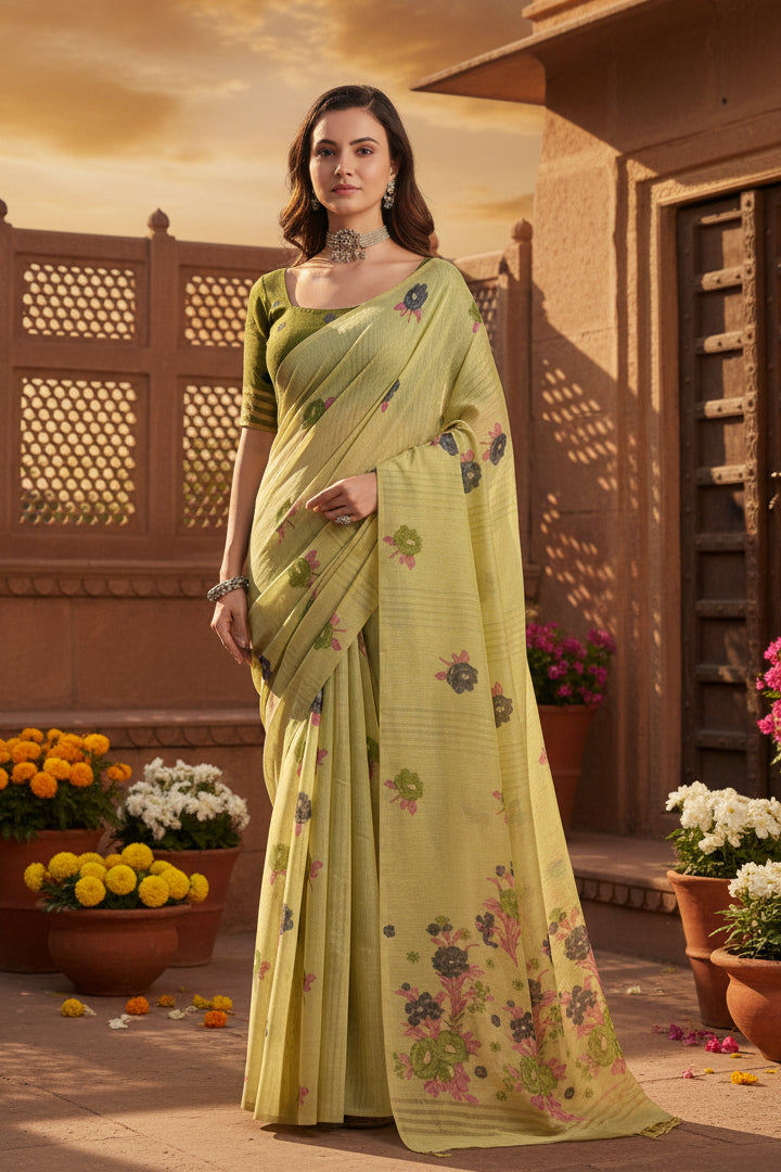 Women's blended_cotton floral motifs and woven buttas saree with unstitched blouse 5