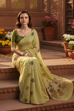 Load image into Gallery viewer, Women's Blended_Cotton Floral Motifs And Woven Buttas Saree With Unstitched Blouse 5.5Mtr (Light_Green)
